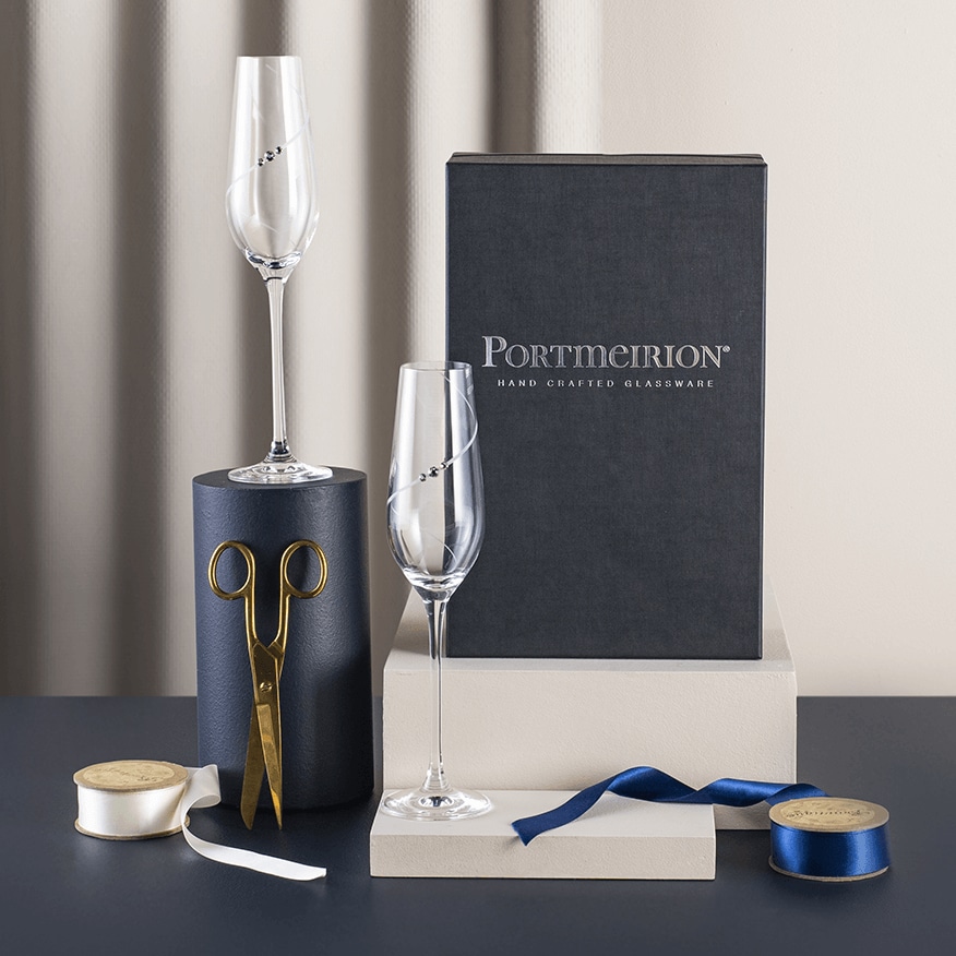 Portmeirion Auris Swarovski Crystal Pair of Champagne flutes 