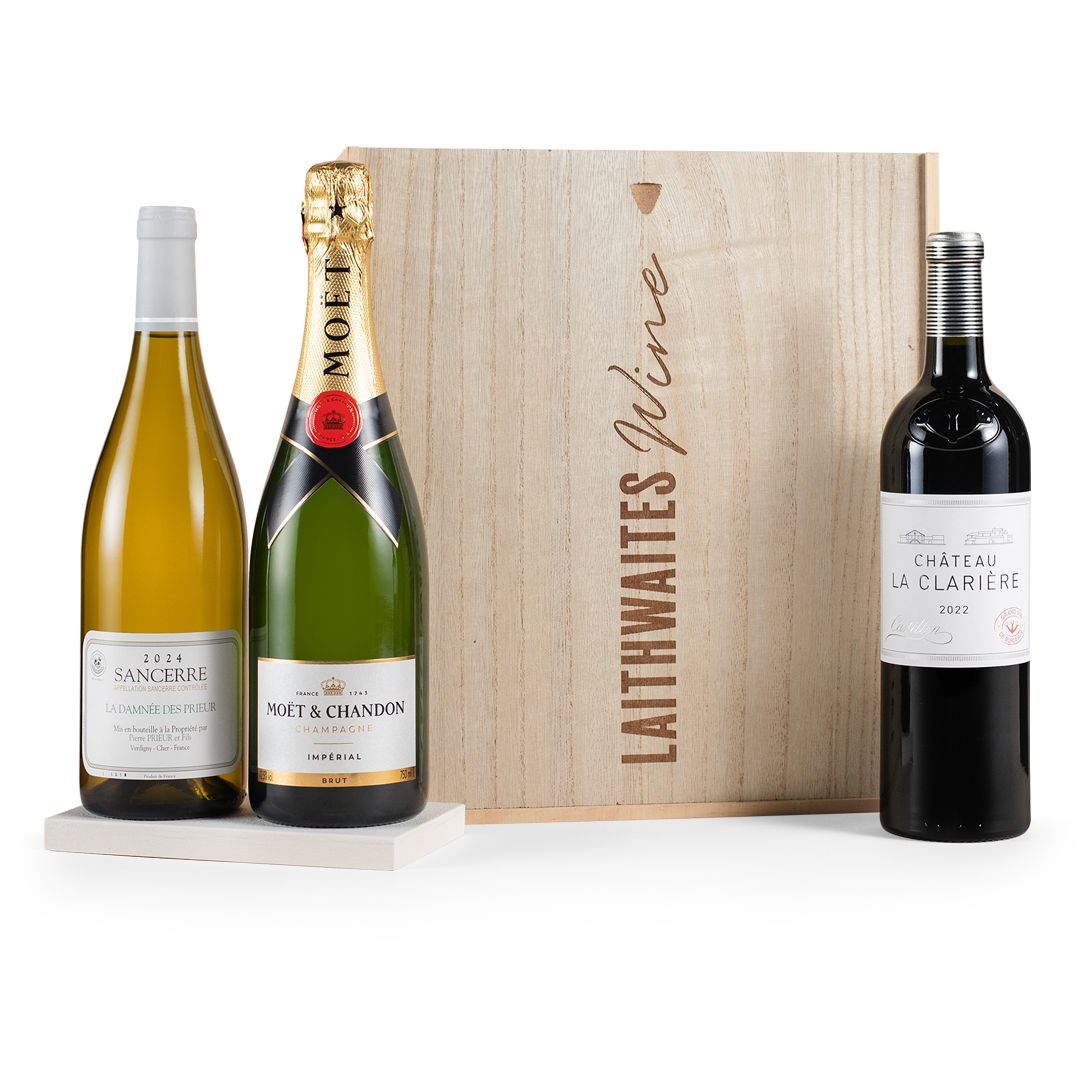 Fine Wine Mixed Trio with Champagne in Wooden Gift Box